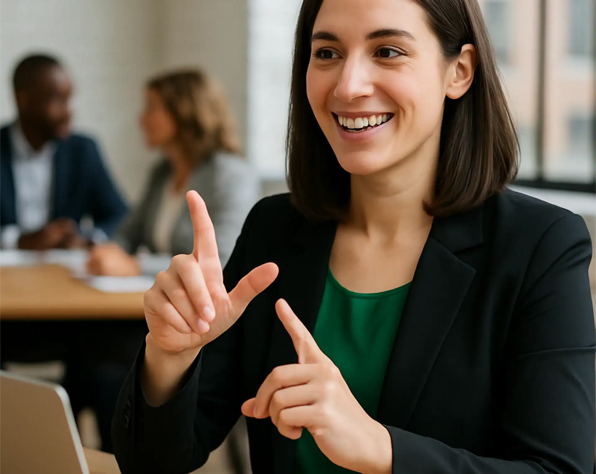 A woman in business attire uses sign language at a meeting, with two colleagues blurred in the background.