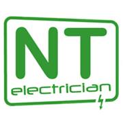 Green and white logo with large "NT" above the word "electrician" and a lightning bolt symbol in the bottom right corner.