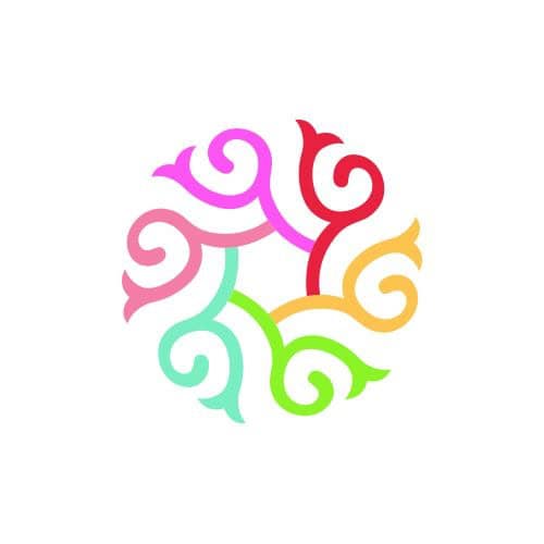 A circular pattern of six interconnected, colorful swirl shapes on a white background.