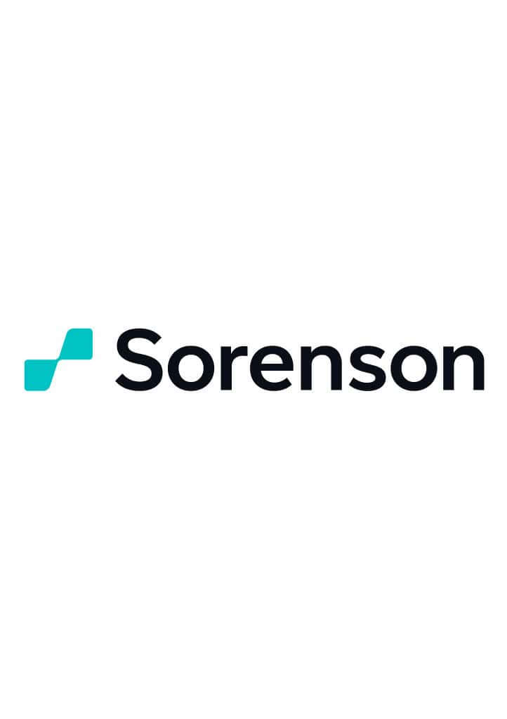 The image displays the Sorenson logo with a teal geometric symbol to the left of the word "Sorenson" in bold black text on a white background.