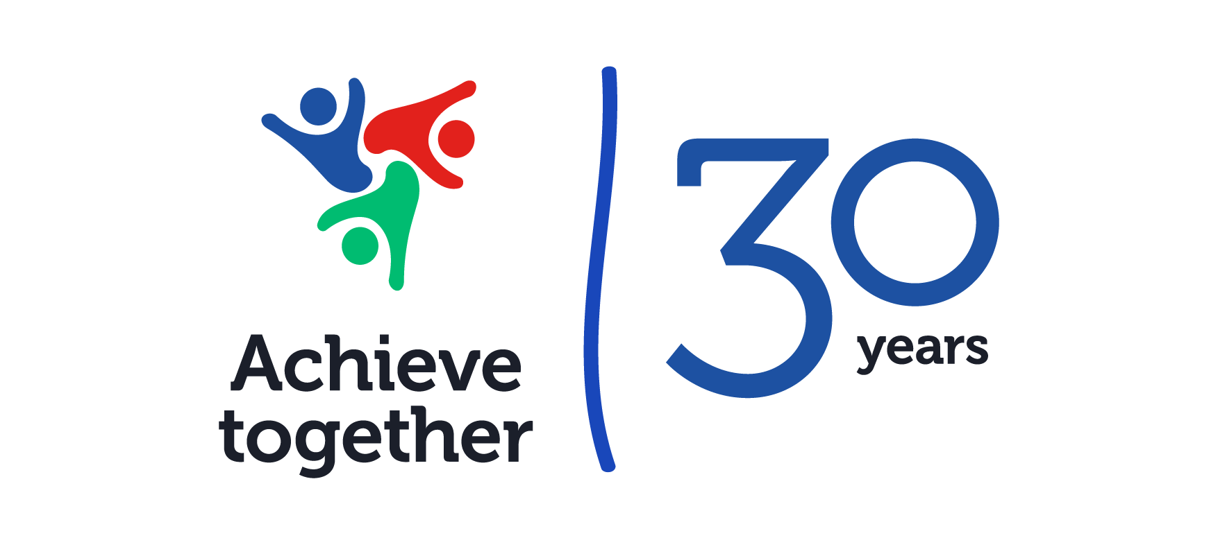 Achieve together 30 years logo with three stylised human figures in blue, red, and green, separated by a vertical blue line from the anniversary text.