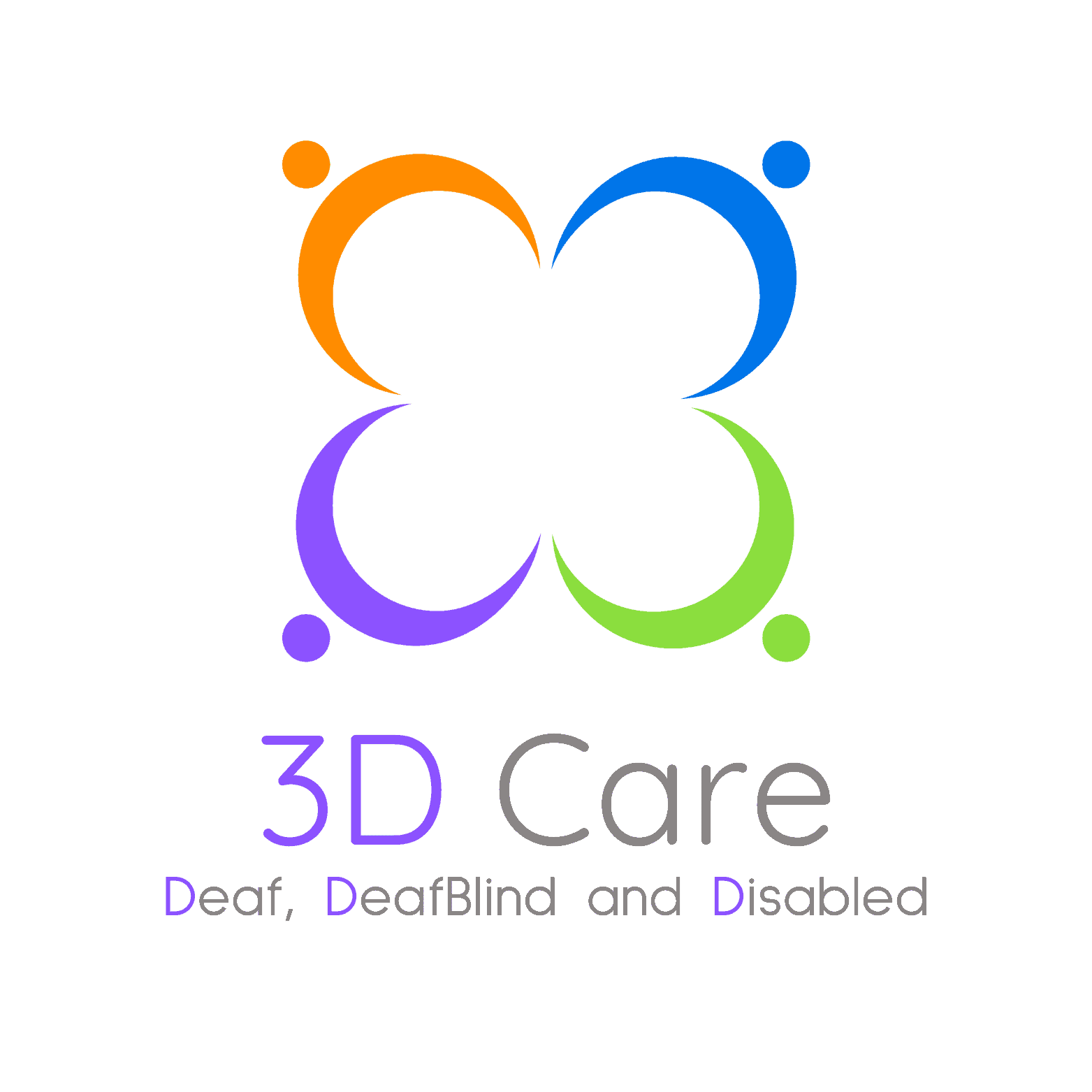 Logo with four stylized figures in orange, blue, green, and purple forming a butterfly shape. Text below reads "3D Care: Deaf, DeafBlind and Disabled.