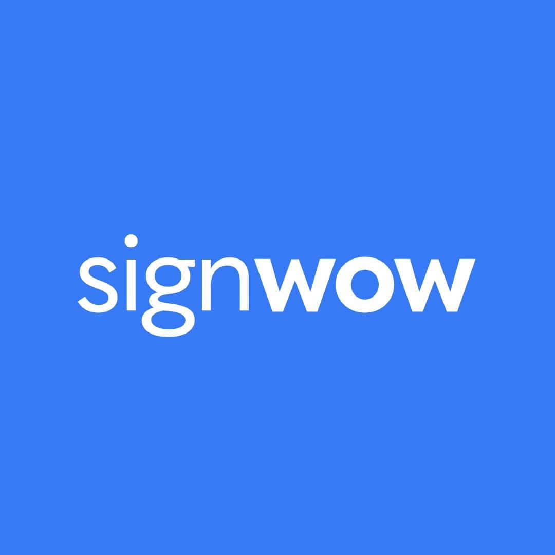 The image displays the word "signwow" in white lowercase letters on a solid blue background.