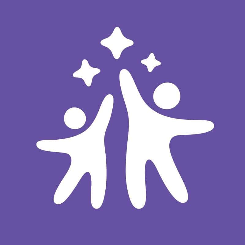 Two simple white human figures with raised arms reaching for three stars on a solid purple background.