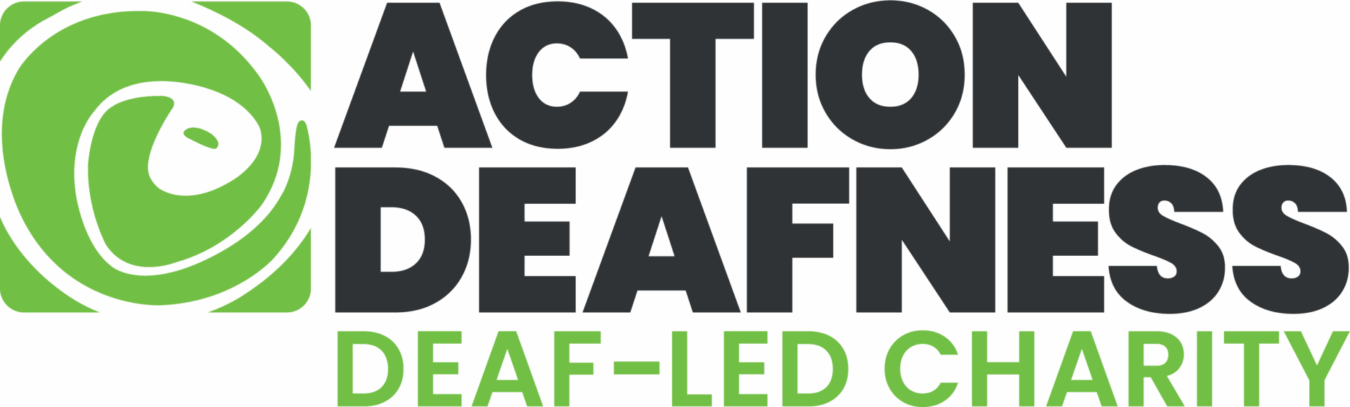 Logo for Action Deafness featuring a green and black design with the text “ACTION DEAFNESS DEAF-LED CHARITY” and a circular icon on the left.