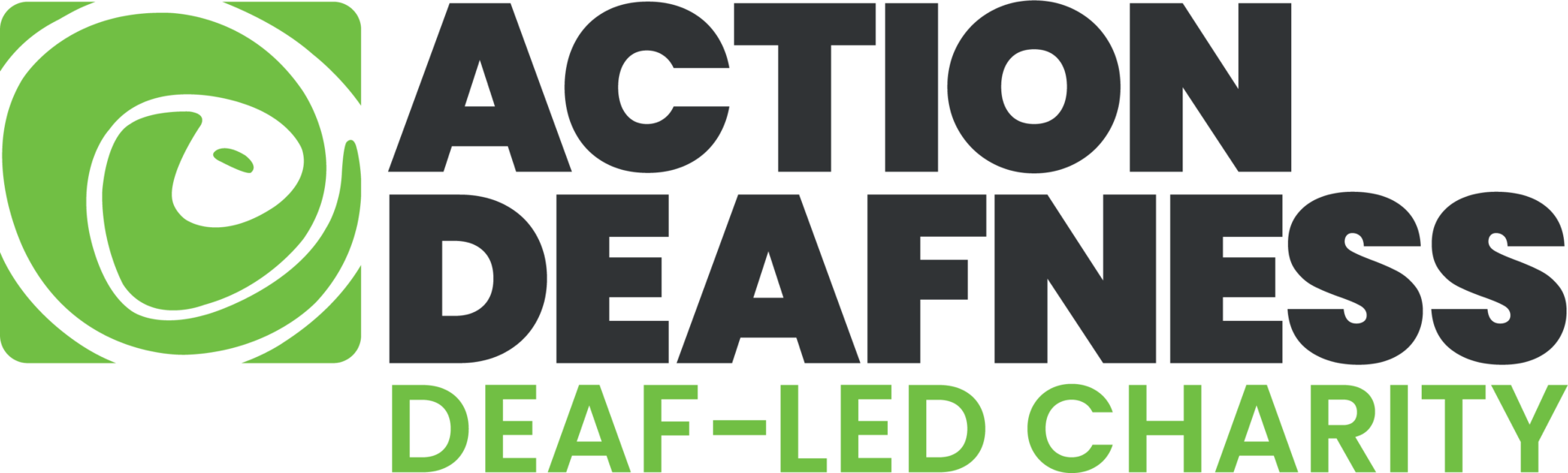 Logo of Action Deafness, a deaf-led charity. The logo includes a green and white abstract ear design, with bold black and green text reading "ACTION DEAFNESS DEAF-LED CHARITY.