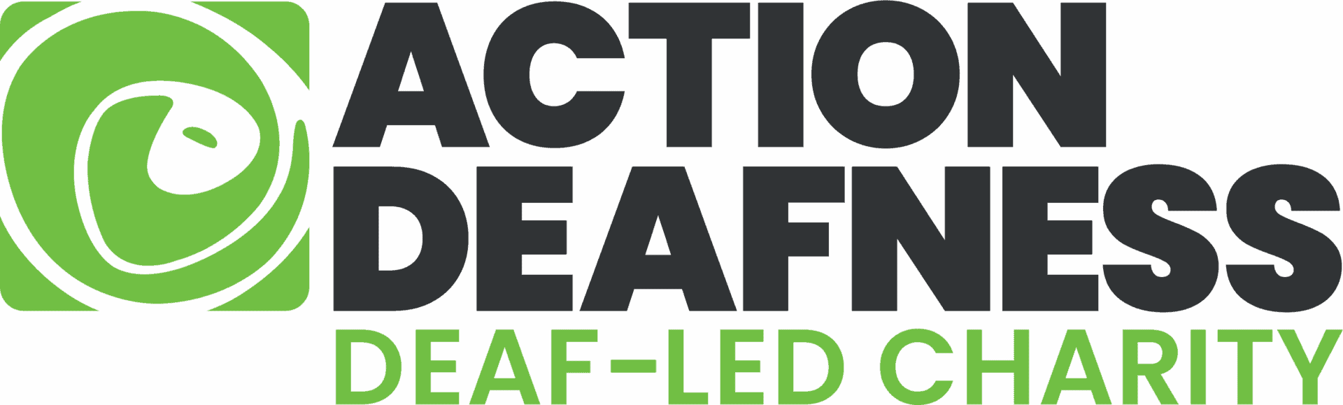 Logo for Action Deafness, a deaf-led charity, featuring bold black text and a green icon with a stylized ear inside a square.