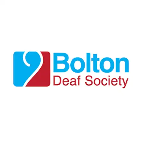 Logo of Bolton Deaf Society with a blue and red design, featuring a white ear icon on a red background and the organization's name in blue and red text.