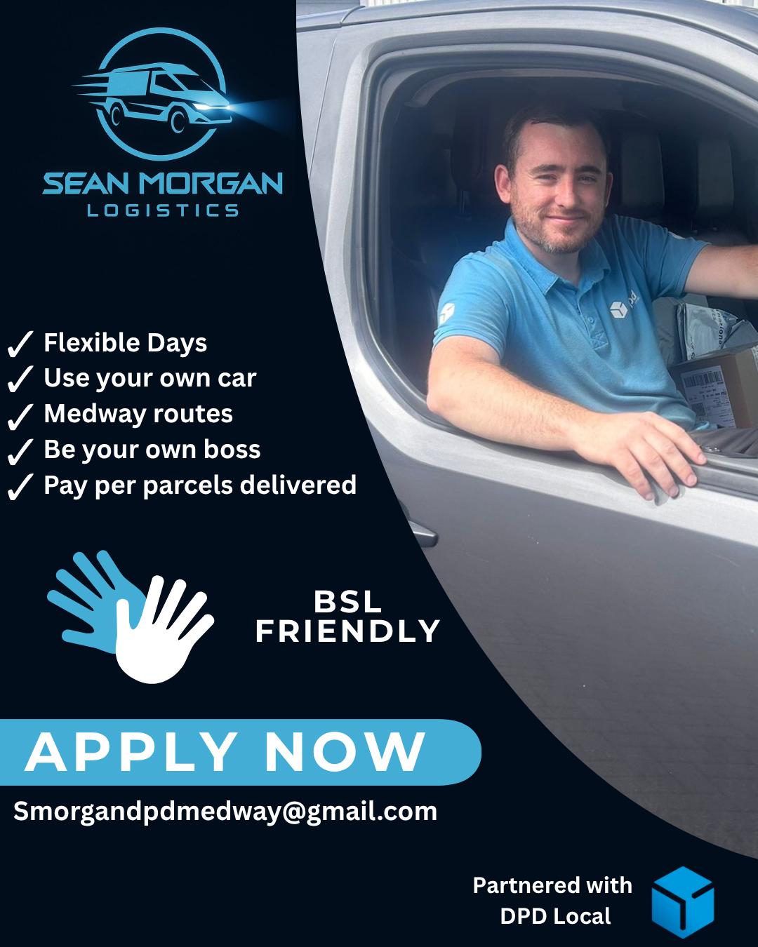 A man sits in a vehicle window wearing a blue polo shirt. Text offers job benefits at Sean Morgan Logistics and highlights BSL friendly. “Apply Now” and contact details are shown.