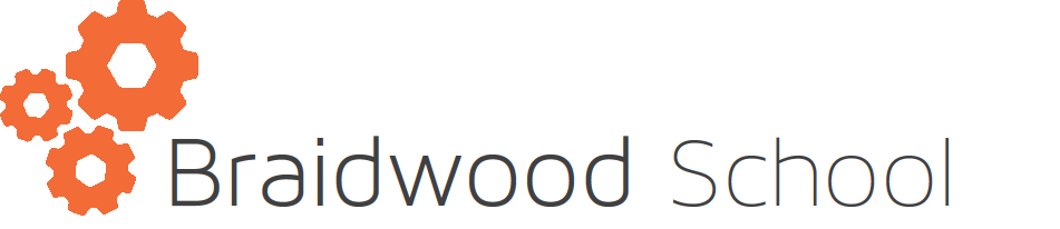 Logo for Braidwood School with three orange cogs on the left and the school name in grey and orange text on a white background.