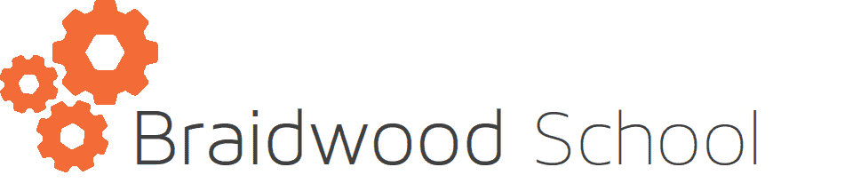 Logo for Braidwood School featuring three orange interlocking gear icons to the left of the text.