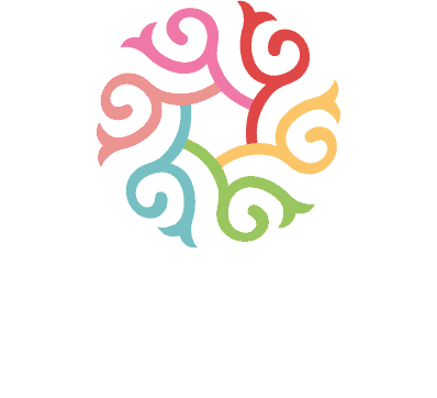 A circular logo composed of six swirling, curved shapes in pink, red, yellow, green, blue, and teal, forming a symmetrical pattern on a white background.