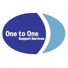 Logo featuring two overlapping ovals, one dark blue and one light blue, with the text “One to One Support Services” in white within the dark blue oval.