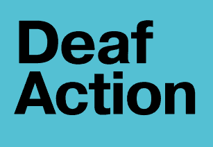 Black text reading "Deaf Action" on a solid light blue background.