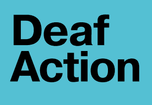 Black text reading "Deaf Action" on a solid light blue background.