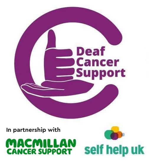 Logo for Deaf Cancer Support featuring a purple hand signing "thumbs up" in a circular shape, partnered with Macmillan Cancer Support and Self Help UK.