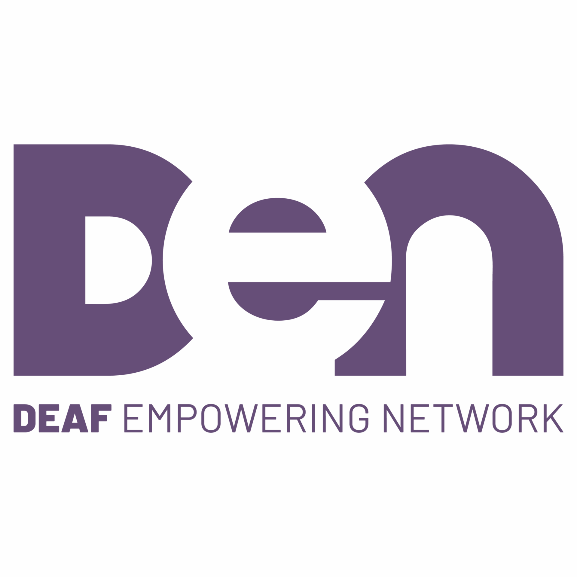 Logo for Deaf Empowering Network; large stylized letters "DEN" above the words "DEAF EMPOWERING NETWORK" in uppercase text.
