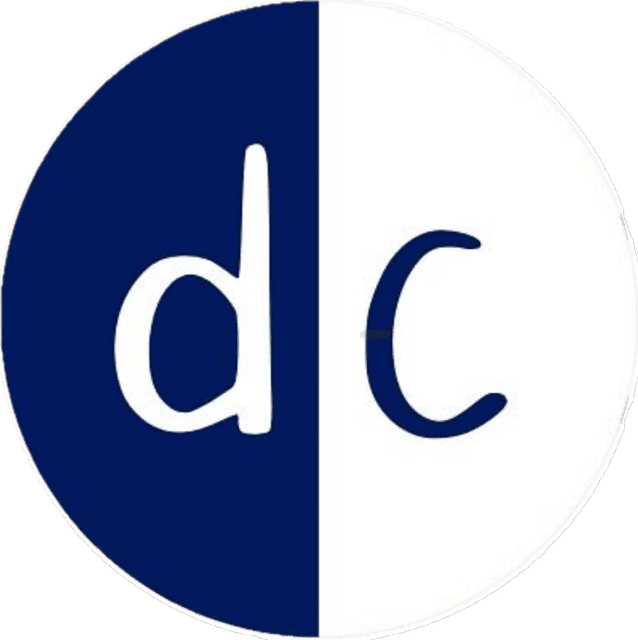A circular logo split in half vertically; the left side is dark blue with a white lowercase "d," and the right side is white with a dark blue lowercase "c.
