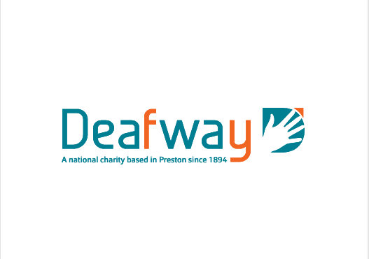 Logo for Deafway, a national charity based in Preston since 1894, with stylised text and an icon of a hand over a teal background.