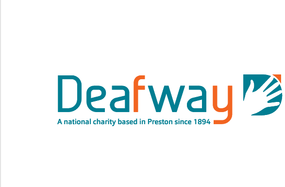 Deafway logo with tagline "A national charity based in Preston since 1894" and a graphic of a hand inside a square on the right.