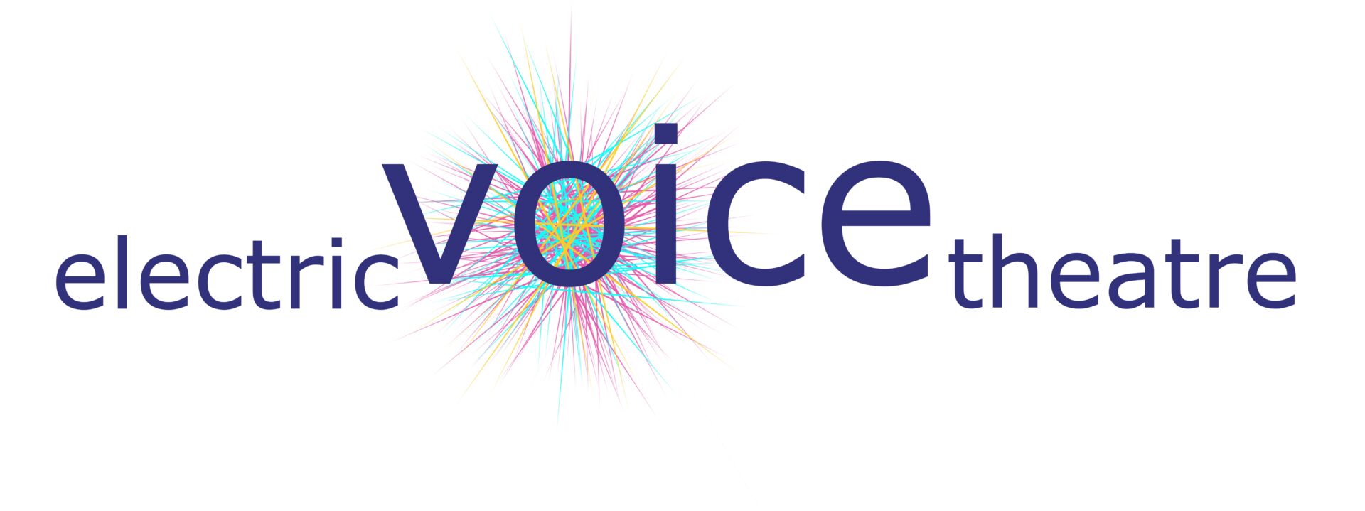 The words "electric voice theatre" with "voice" in larger font and colourful radiating lines behind the "o" on a white background.