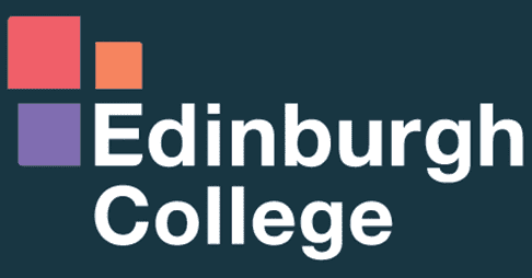 Edinburgh College logo featuring three colored squares and the college name in bold white text on a dark background.