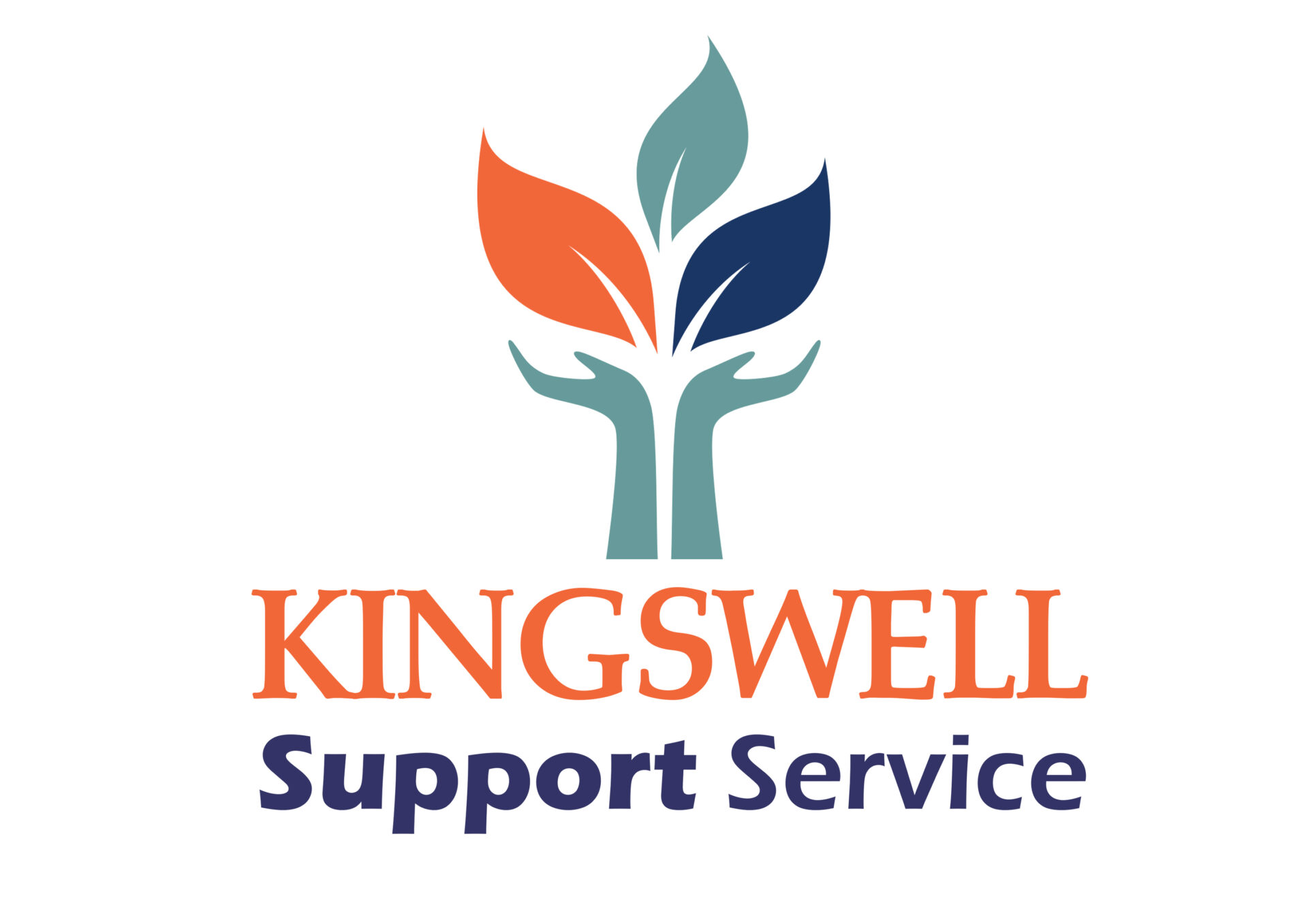 Logo with an abstract tree formed by a stylized hand and three leaves above the text "KINGSWELL Support Service" in orange and blue lettering.