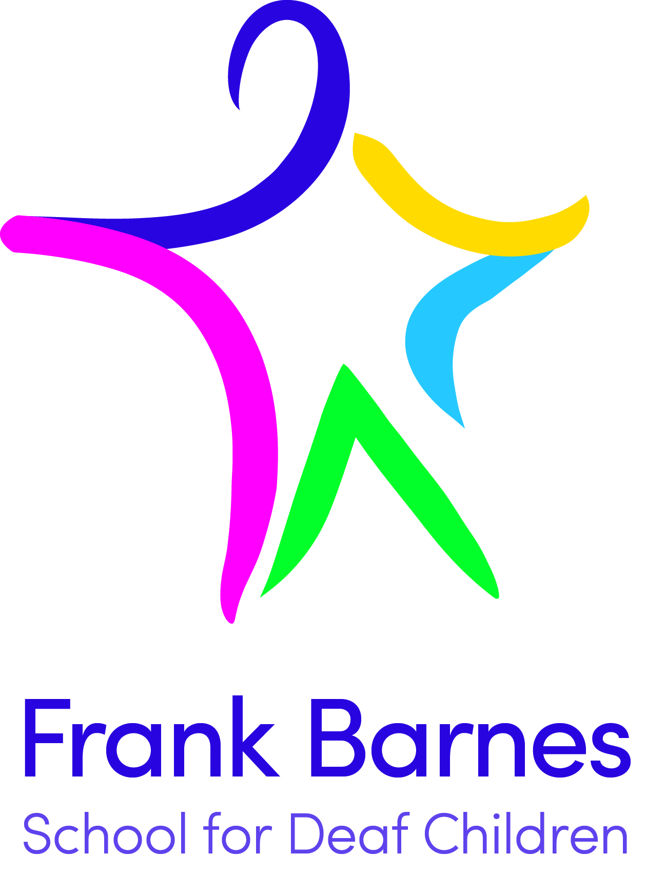 Logo for Frank Barnes School for Deaf Children featuring colourful abstract shapes forming a star, with the school's name written below in blue and purple text.