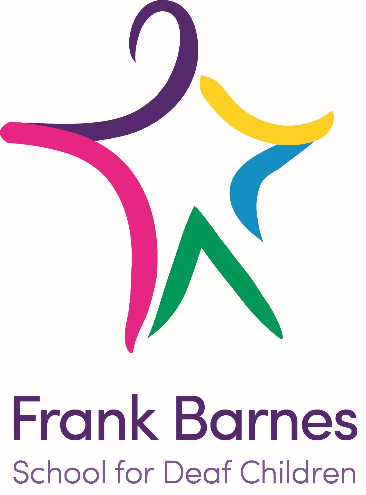 Logo of Frank Barnes School for Deaf Children, featuring colourful abstract shapes forming a star above the school's name in purple text.
