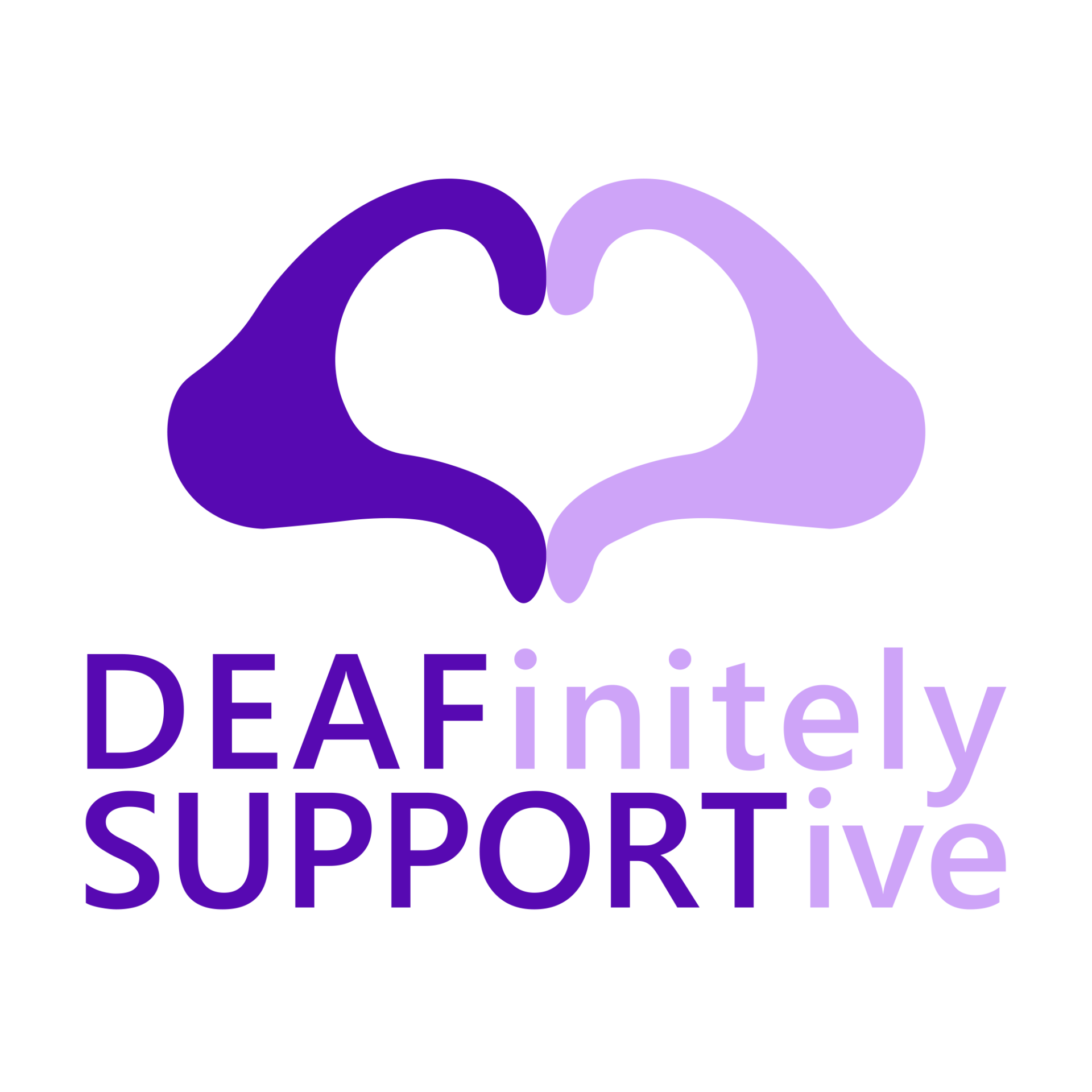 Two hands form a heart shape above the words "DEAFinitely SUPPORTive," with "DEAF" and "SUPPORT" in dark purple and the rest in light purple.