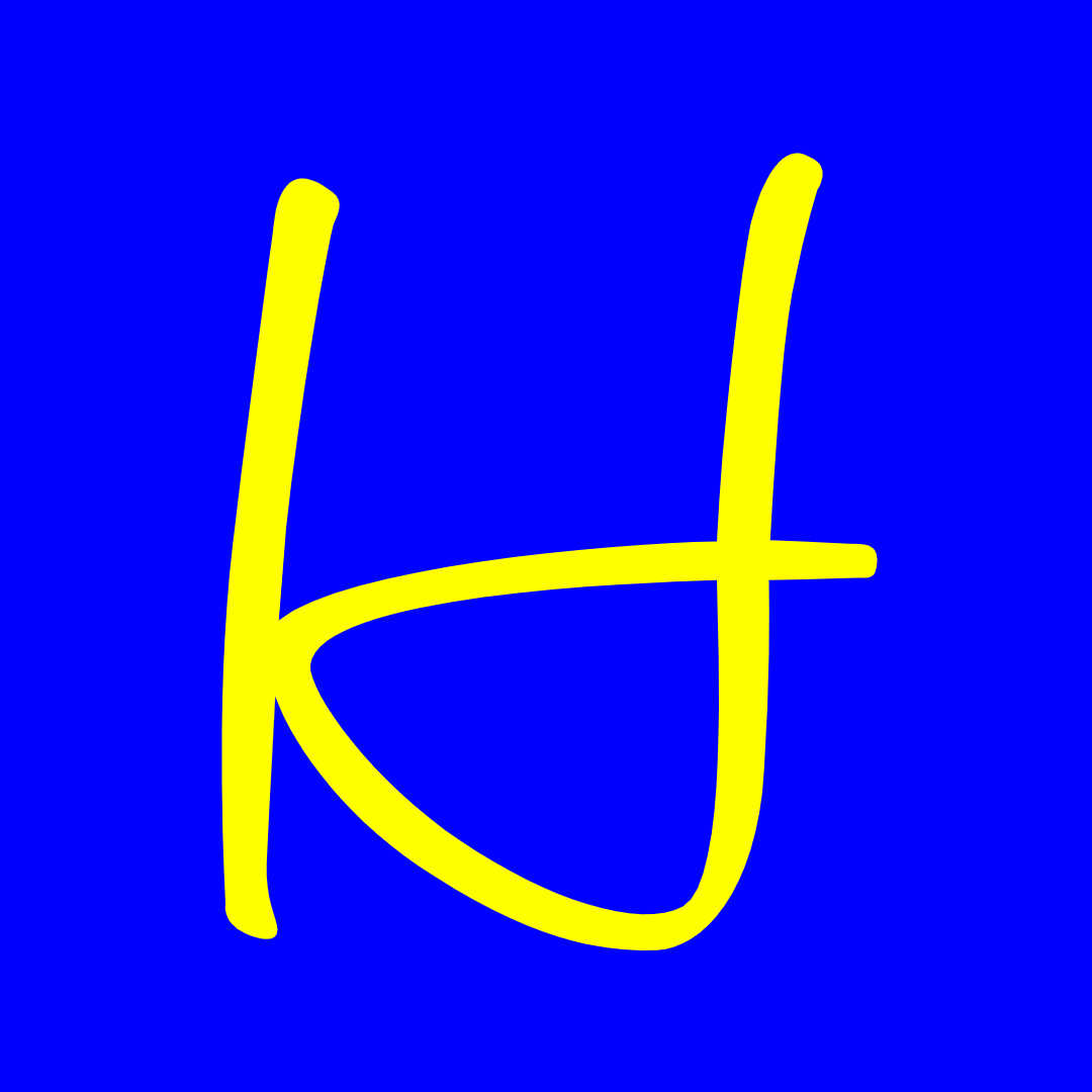 A bold yellow letter "H" with a curved lower line is displayed on a solid blue background.