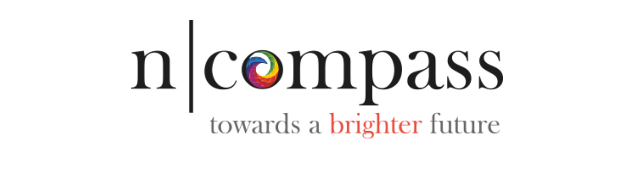 The n|compass logo with a multicolored swirl in the "o" and the tagline "towards a brighter future," with "brighter" in orange.