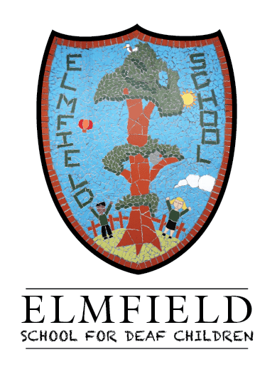 A mosaic shield badge with a large tree, two children, and the words “Elmfield School.” Below, the text reads: “Elmfield School for Deaf Children.”.