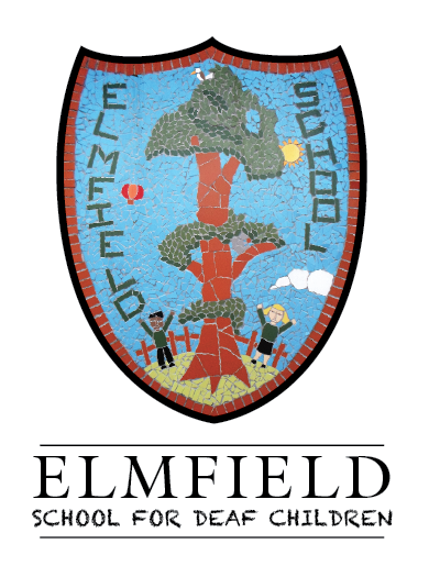 A mosaic-style crest with a large tree, two children, and the words "Elmfield School" encircling the tree. Below, text reads "Elmfield School for Deaf Children.