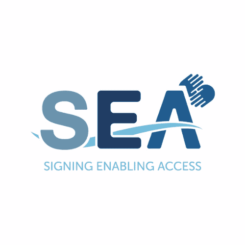 SEA logo with stylized letters and a hand symbol over the letter "A," above the text "SIGNING ENABLING ACCESS.