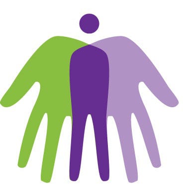 A stylized graphic of a purple human figure in front of two overlapping hand shapes, one green and one lavender.