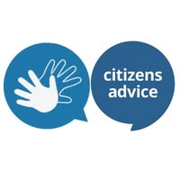 Citizens Advice logo with two blue speech bubbles, one containing overlapping hand outlines and the other containing the words "citizens advice.