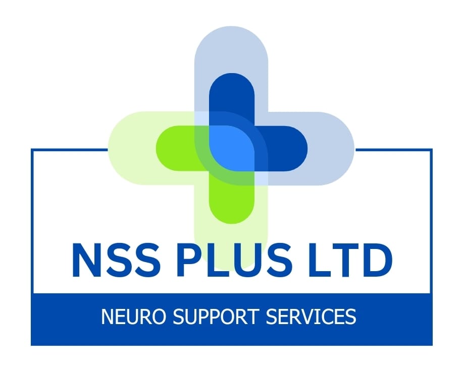 Logo for NSS Plus Ltd showing an abstract cross in blue and green above the text "NSS PLUS LTD" and "NEURO SUPPORT SERVICES" in a blue rectangle.