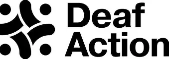 Deaf Action logo with abstract symbol of four human figures in a circular formation next to the words "Deaf Action" in bold black font.