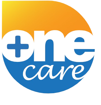 Logo featuring the word "one" in bold white letters with a blue medical cross, and "care" in cursive, on a half orange, half blue background.