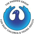 Logo of The Phoenix Group for Deaf Children & Young People, featuring a stylised blue phoenix with text encircling the bird on a white background.