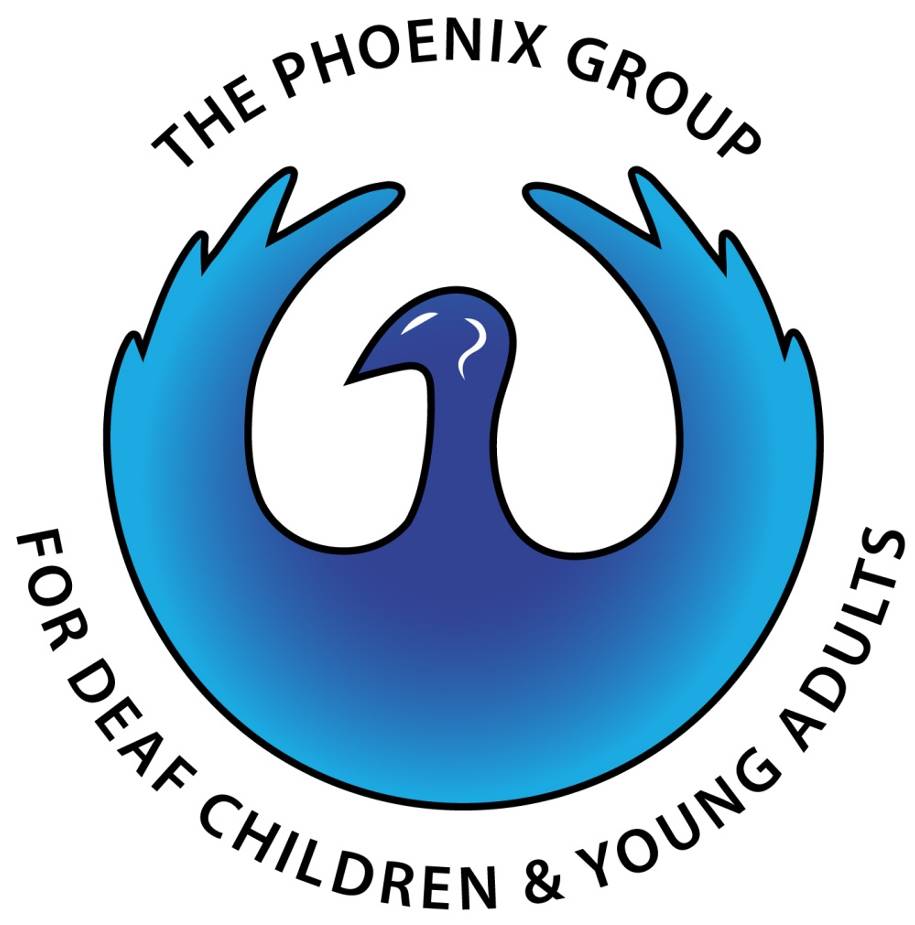 Logo of The Phoenix Group for Deaf Children & Young Adults featuring a stylized blue phoenix with the organization's name encircling the image.