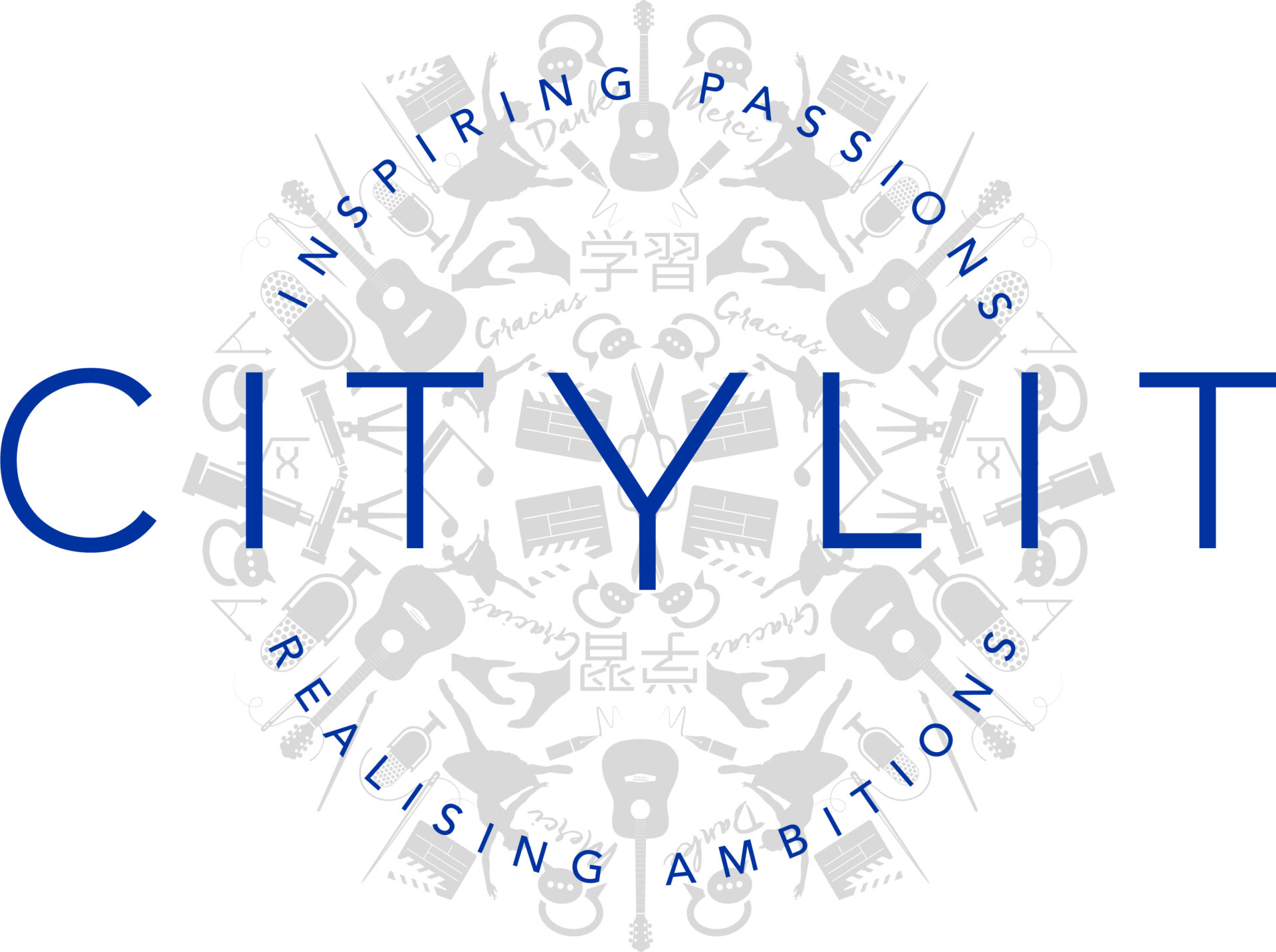 The CITYLIT logo features the slogan “Inspiring Passions, Realising Ambitions” with various icons representing arts, languages, and education arranged in a circular pattern.