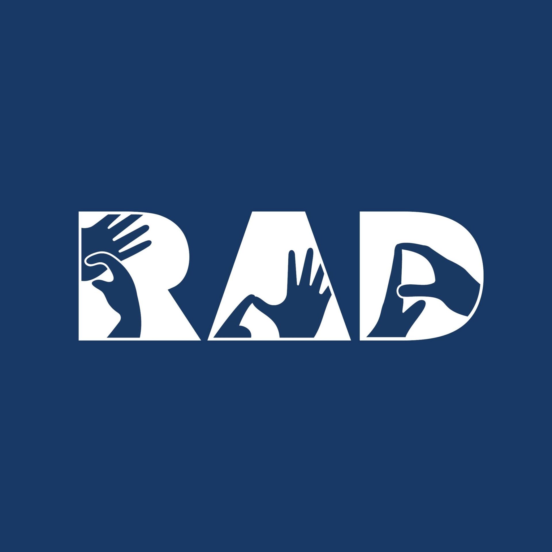 The word "RAD" in bold white letters on a blue background, with black hand silhouettes creatively integrated into each letter.