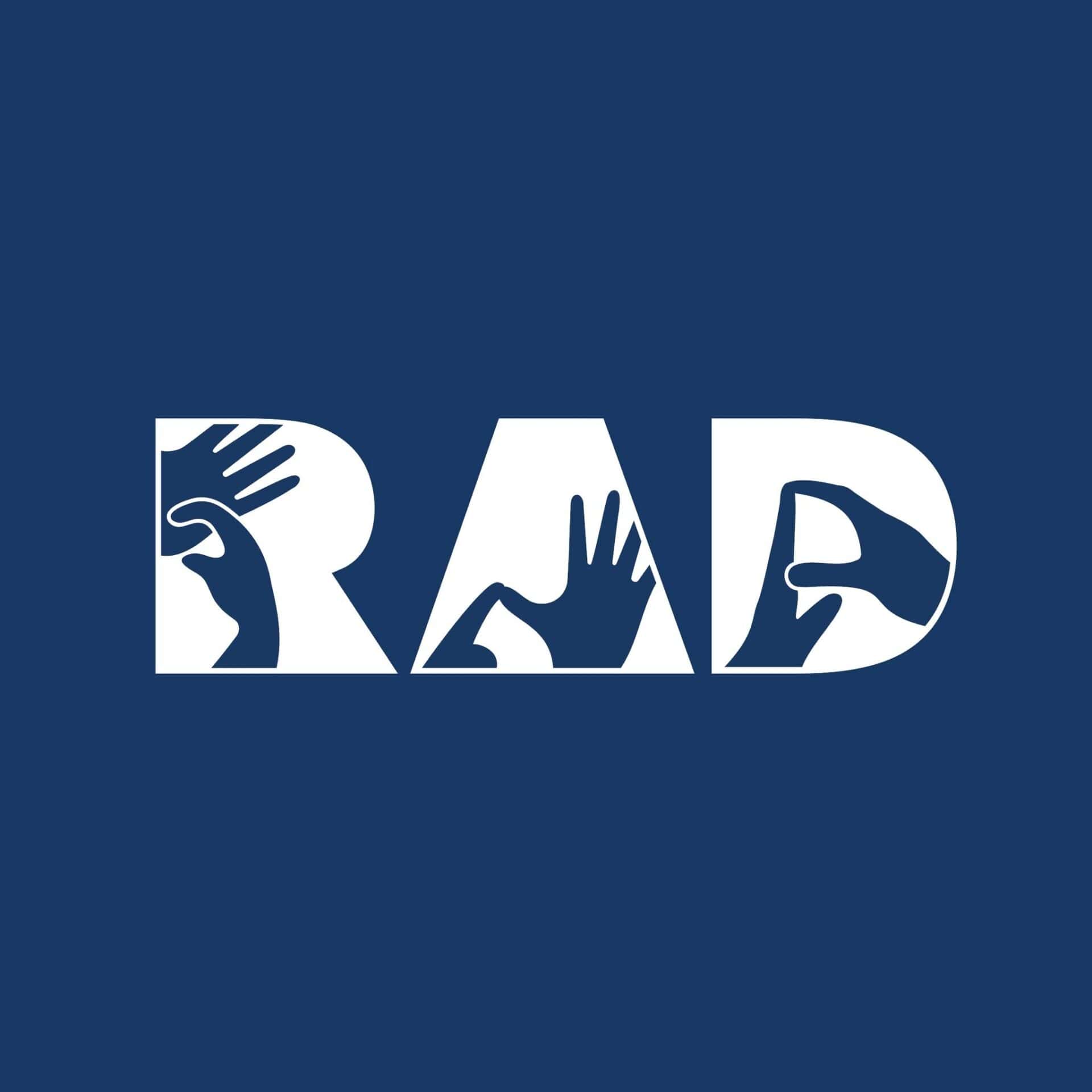 The word "RAD" in bold white letters on a blue background, with black hand silhouettes creatively forming shapes inside each letter.