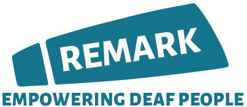 Logo with the word “REMARK” inside a blue shape, and the phrase “EMPOWERING DEAF PEOPLE” in bold capital letters below.
