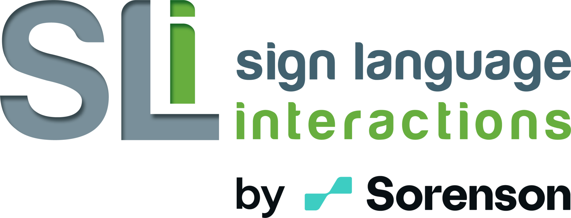Logo with text: “SLi sign language interactions by Sorenson.” Letters “S”, “L” and “i” are stylised in grey and green. “Sorenson” appears with a blue-green symbol.