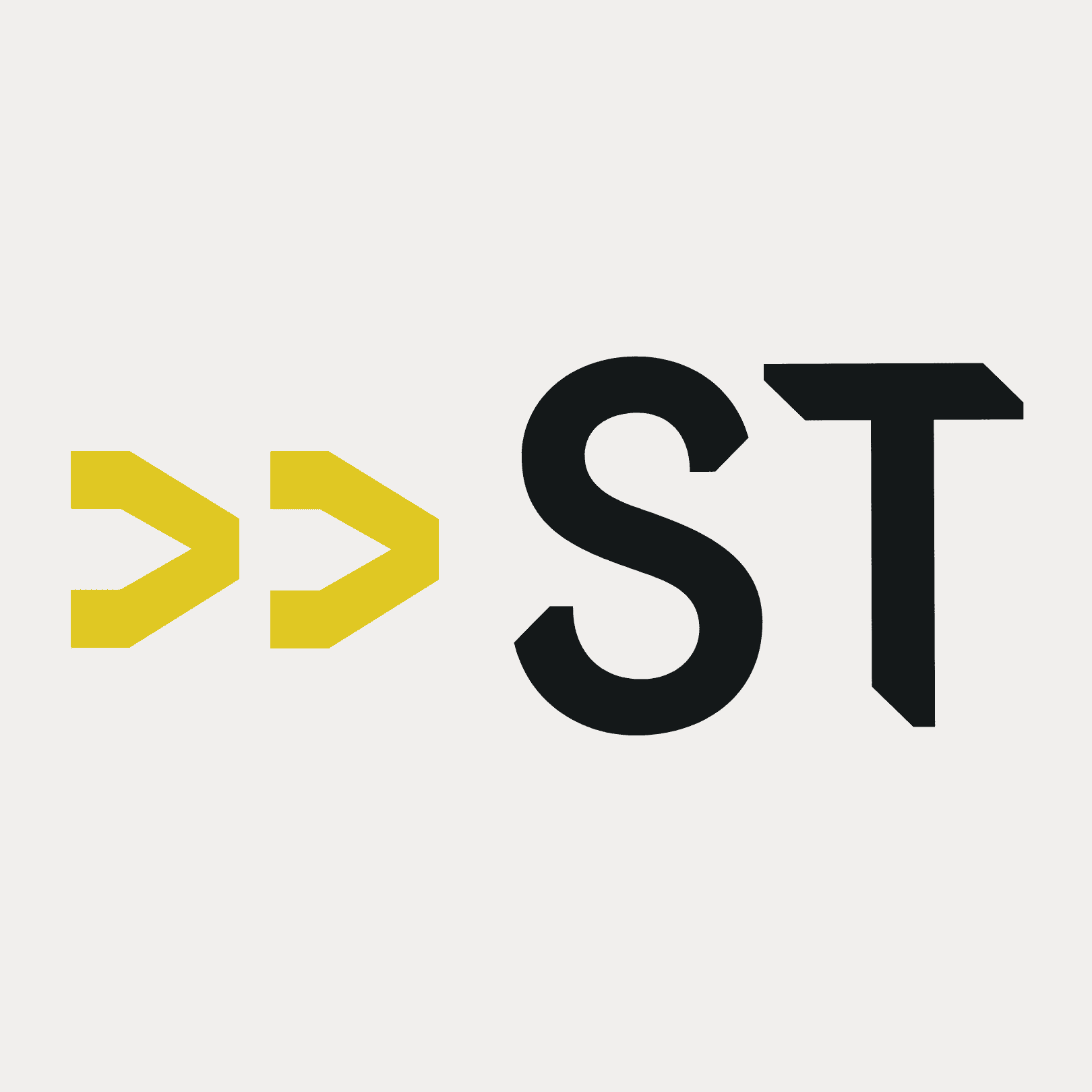 Two yellow angle brackets followed by black letters "ST" on a white background.