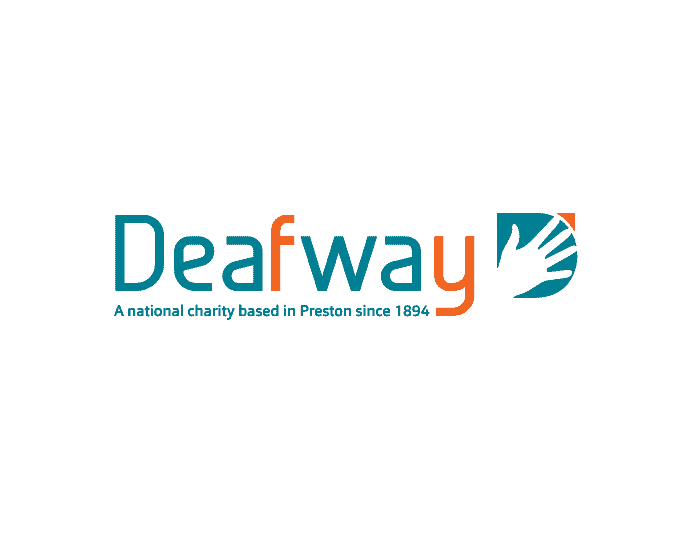 Deafway logo with tagline "A national charity based in Preston since 1894" and a graphic of two hands within a circular shape.
