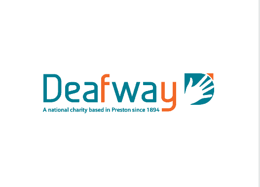 Logo for Deafway, a national charity based in Preston since 1894, with stylised text and a graphic of a hand within a circular shape.